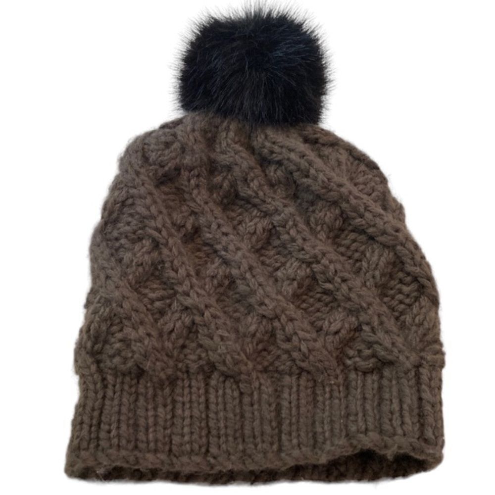 Surell brown knit beanie with black faux fur pom